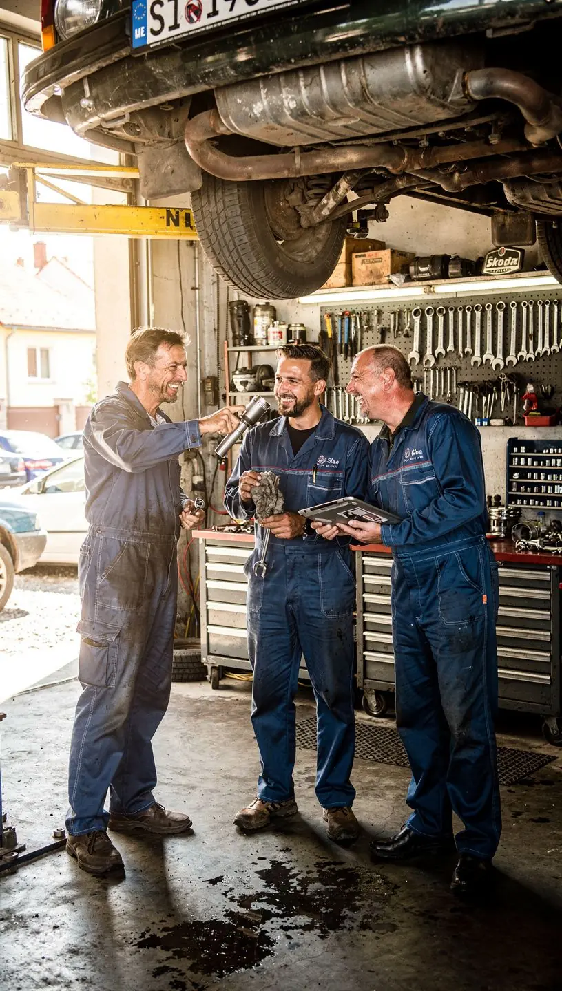 Mechanik v špecializovanej dielni opravuje motor staršieho osobného vozidla s dostupnými náhradnými dielmi bez potreby značkového servisu.